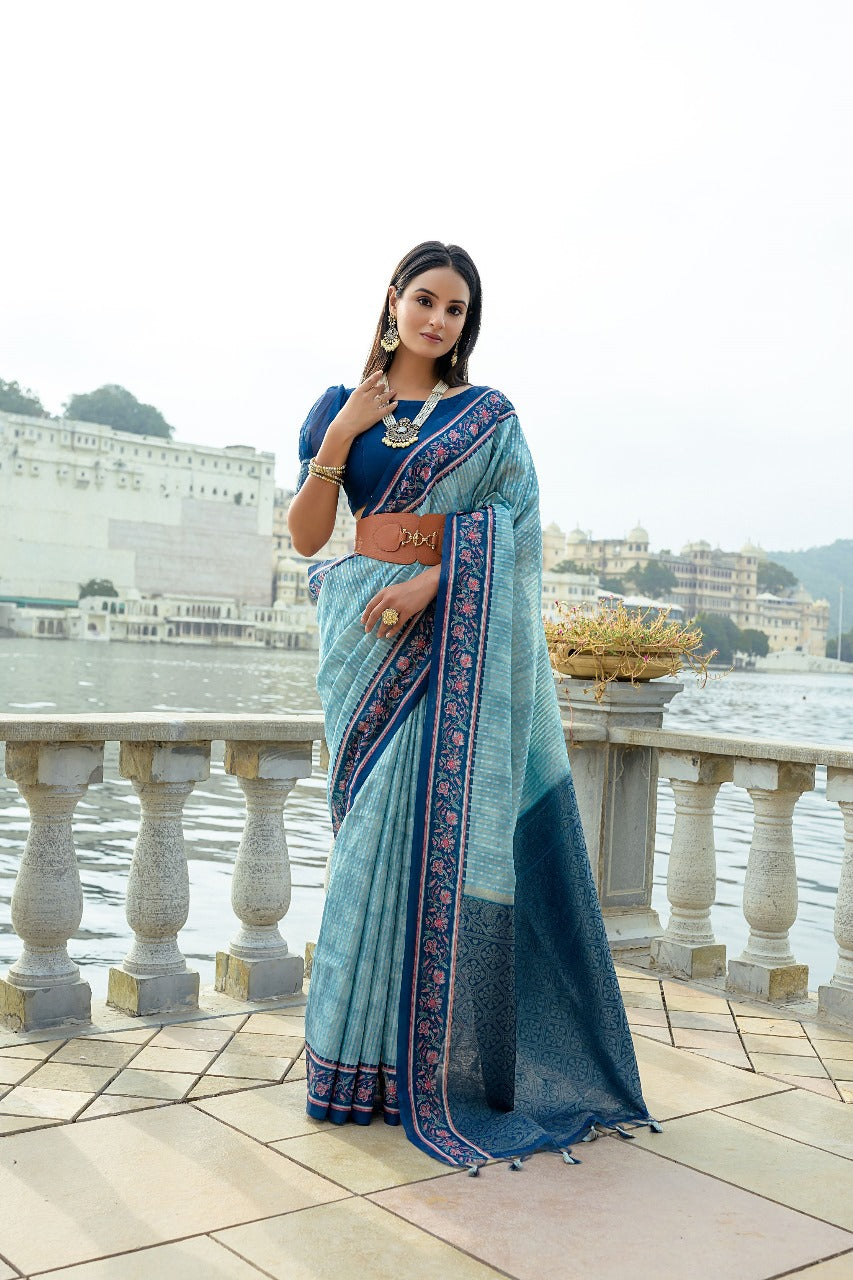 Blue Soft Silk Bhavna Printed Saree with Zari Pallu & Contrast Floral Border