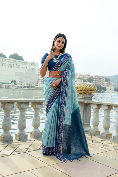 Blue Soft Silk Bhavna Printed Saree with Zari Pallu & Contrast Floral Border