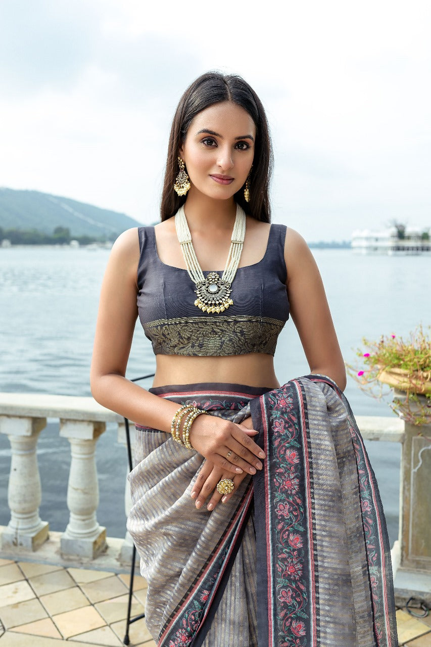 Grey Soft Silk Bhavna Printed Saree with Zari Pallu & Contrast Floral Border
