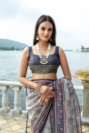 Grey Soft Silk Bhavna Printed Saree with Zari Pallu & Contrast Floral Border