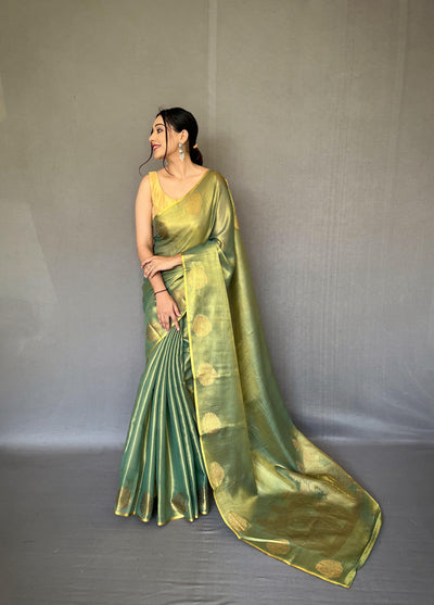 Gulabo-Pure Tissue Silk Saree in Green with Jacquard Zari Weaving & Rich Pallu