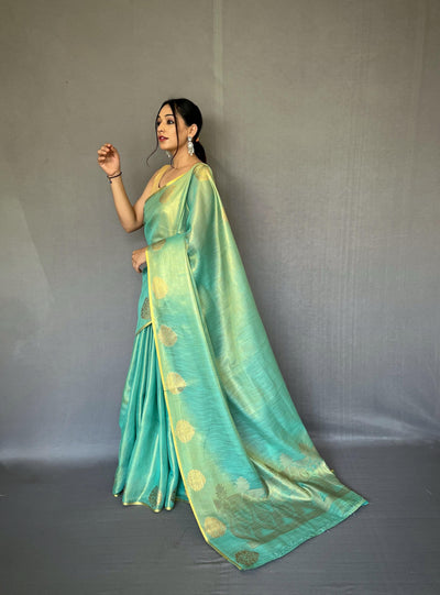 Gulabo-Pure Tissue Silk Saree in Light Green with Jacquard Zari Weaving & Rich Pallu