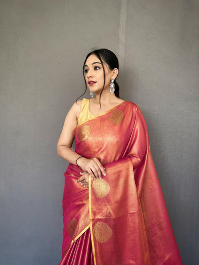 Gulabo-2 Pure Tissue Silk Saree in Pink with Jacquard Zari Weaving & Rich Pallu