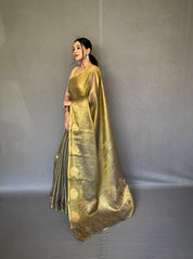 Gulabo Pure Tissue Silk Saree in Brown with Jacquard Zari Weaving & Rich Pallu