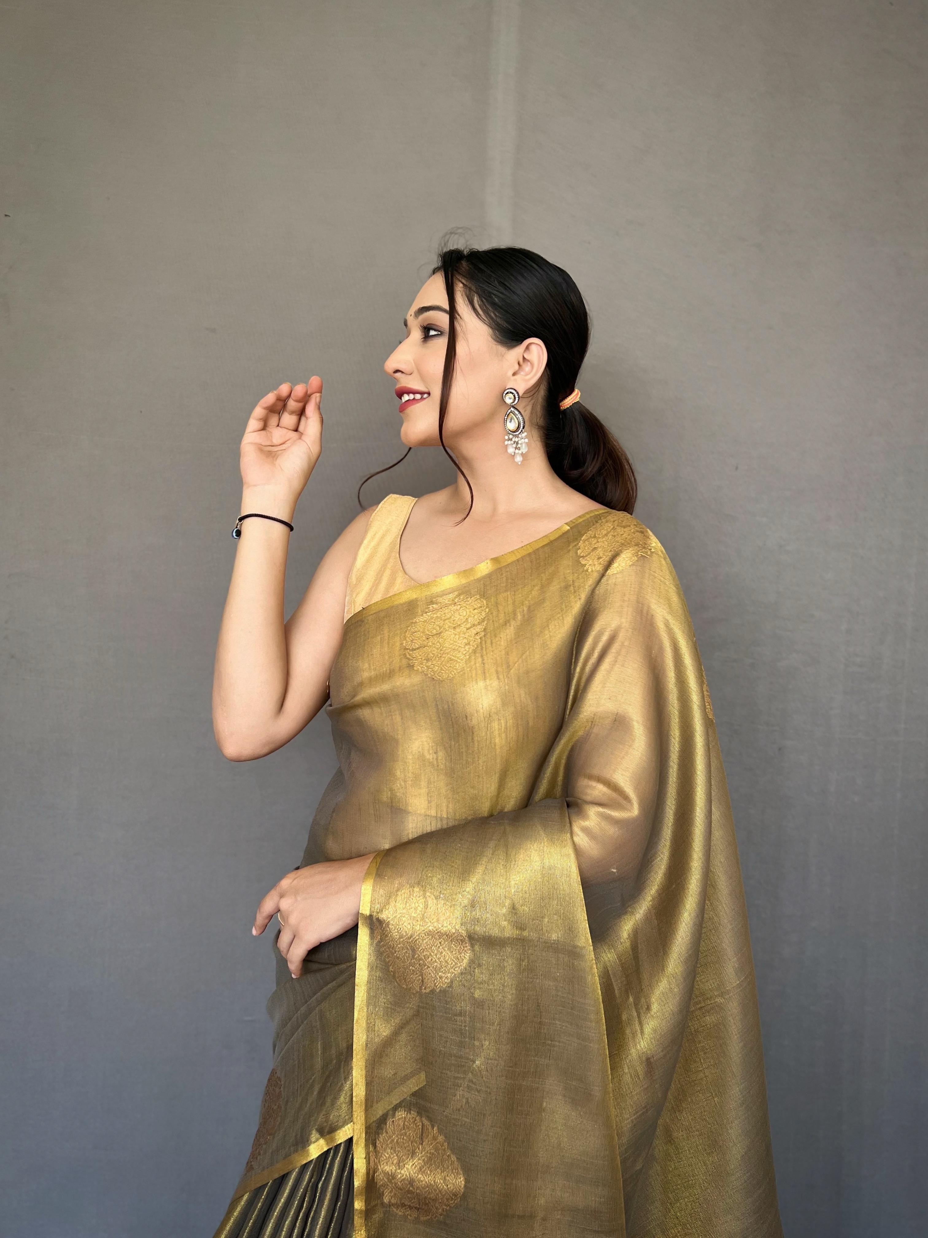 Gulabo Pure Tissue Silk Saree in Brown with Jacquard Zari Weaving & Rich Pallu