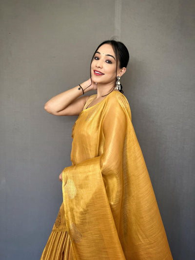 Gulabo Pure Tissue Silk Saree in Golden with Jacquard Zari Weaving & Rich Pallu
