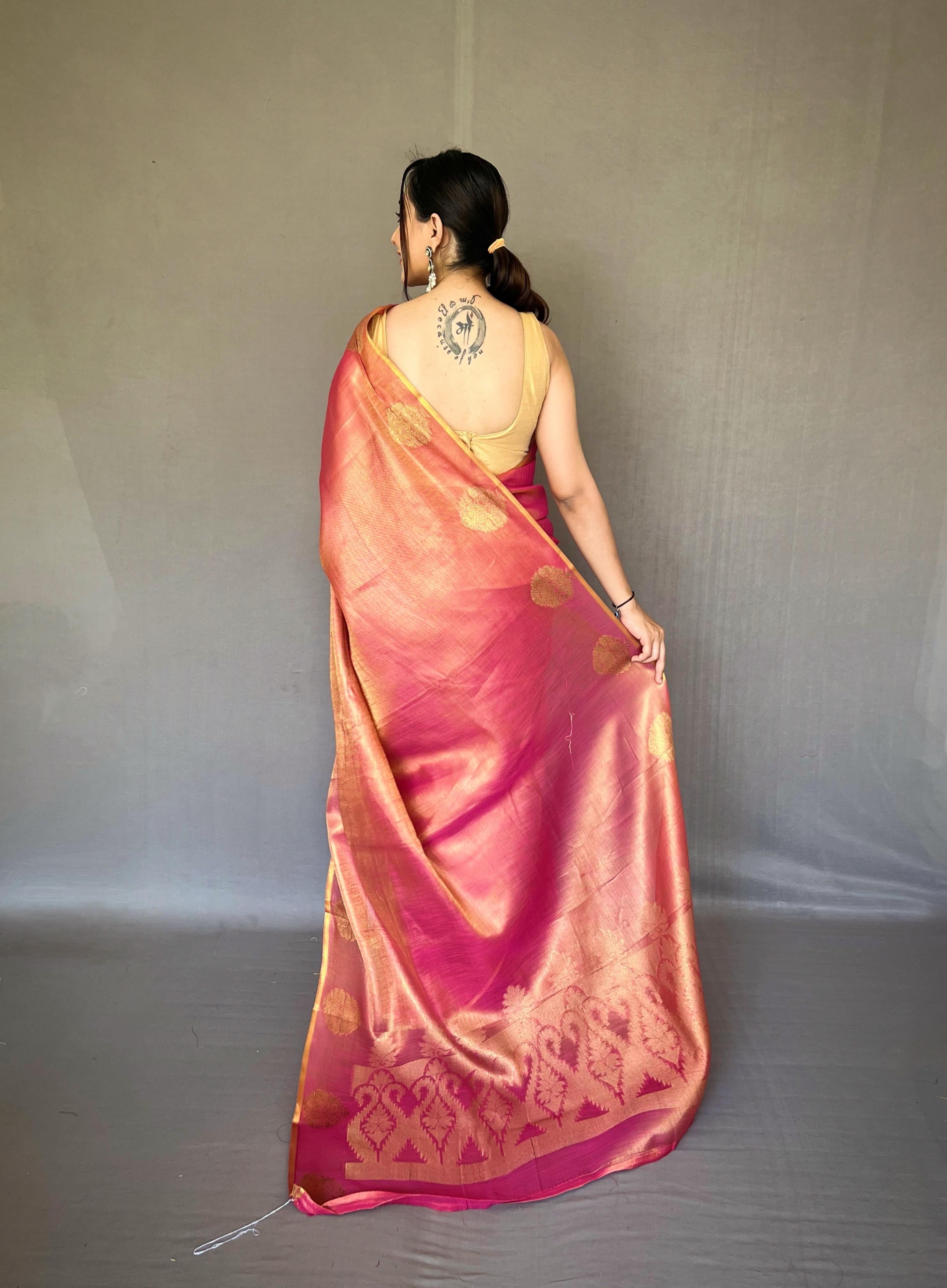 Gulabo-2 Pure Tissue Silk Saree in Pink with Jacquard Zari Weaving & Rich Pallu