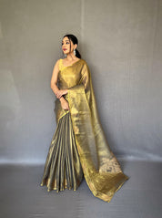 Gulabo Pure Tissue Silk Saree in Brown with Jacquard Zari Weaving & Rich Pallu