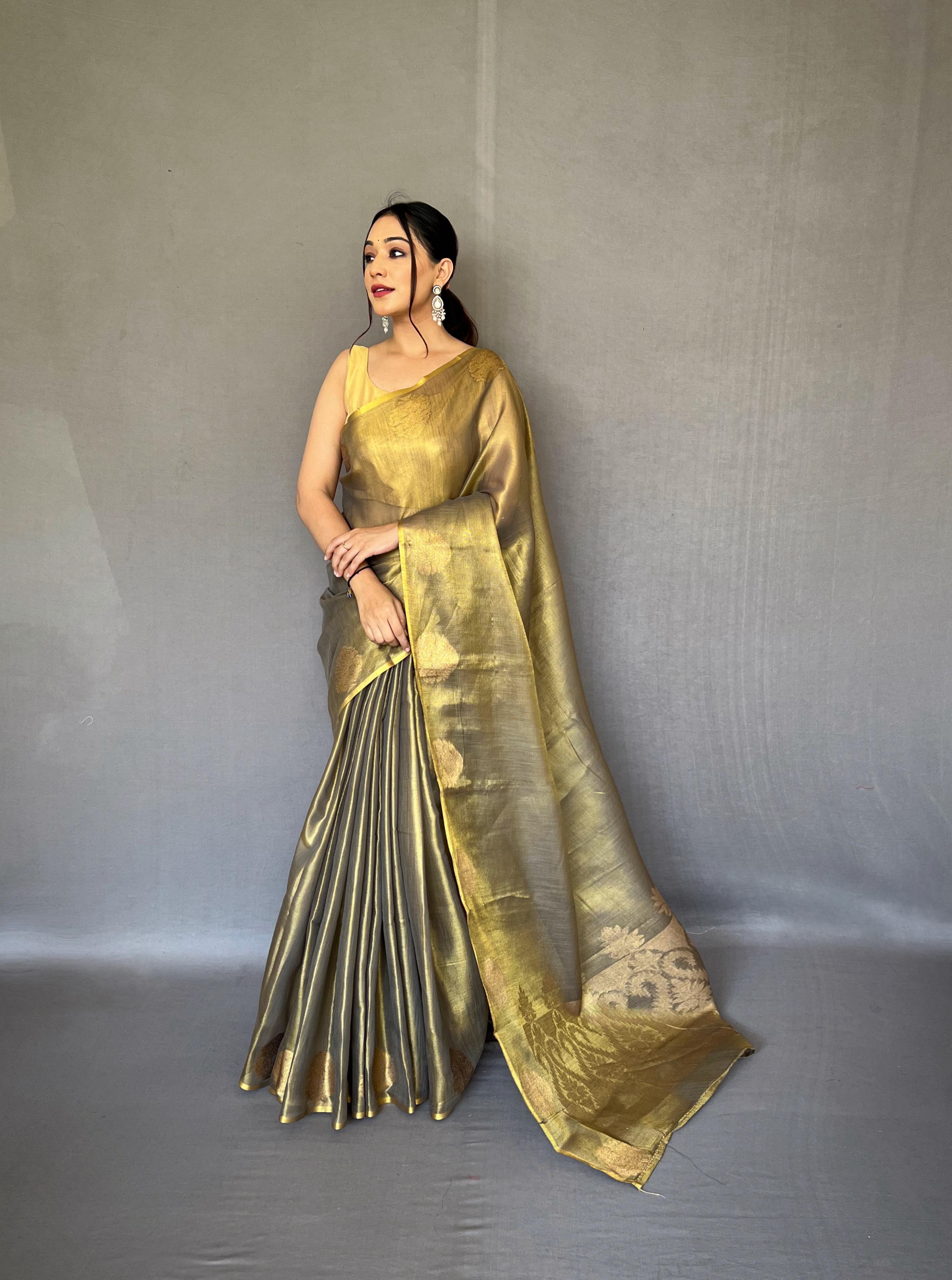 Gulabo Pure Tissue Silk Saree in Brown with Jacquard Zari Weaving & Rich Pallu