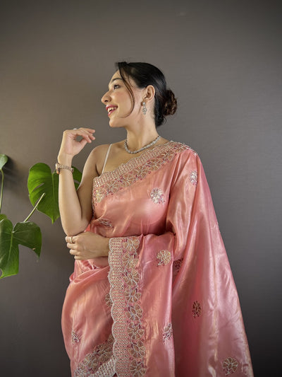 Pink RV Pure Gold Crunchy Silk Saree with Sequin & Thread Embroidery Cutwork Border