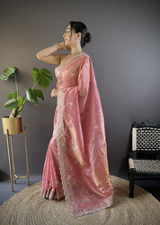 Pink RV Pure Gold Crunchy Silk Saree with Sequin & Thread Embroidery Cutwork Border