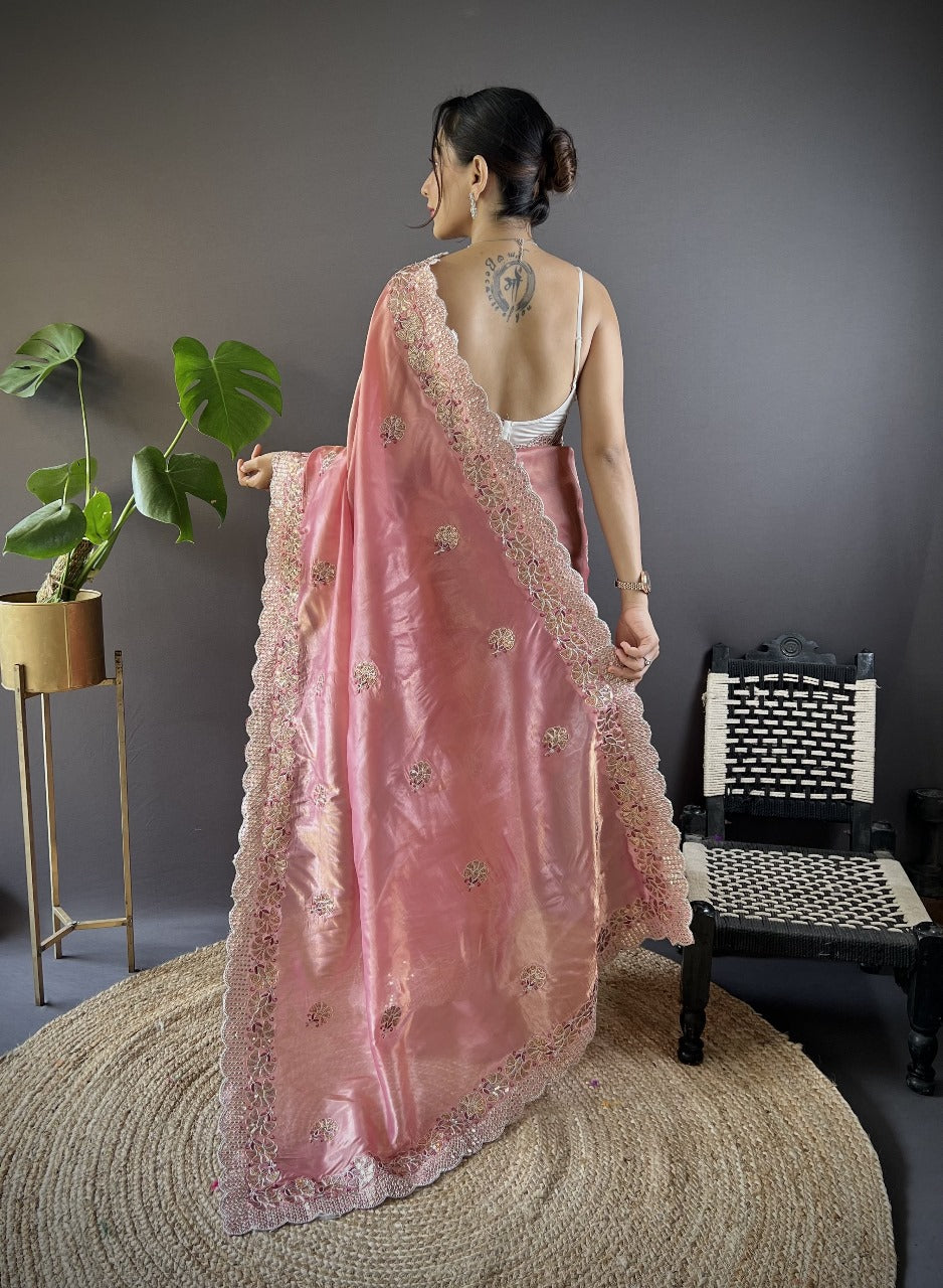 Pink RV Pure Gold Crunchy Silk Saree with Sequin & Thread Embroidery Cutwork Border