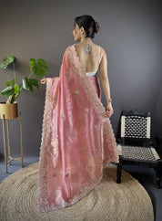 Pink RV Pure Gold Crunchy Silk Saree with Sequin & Thread Embroidery Cutwork Border