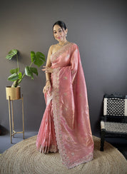 Pink RV Pure Gold Crunchy Silk Saree with Sequin & Thread Embroidery Cutwork Border