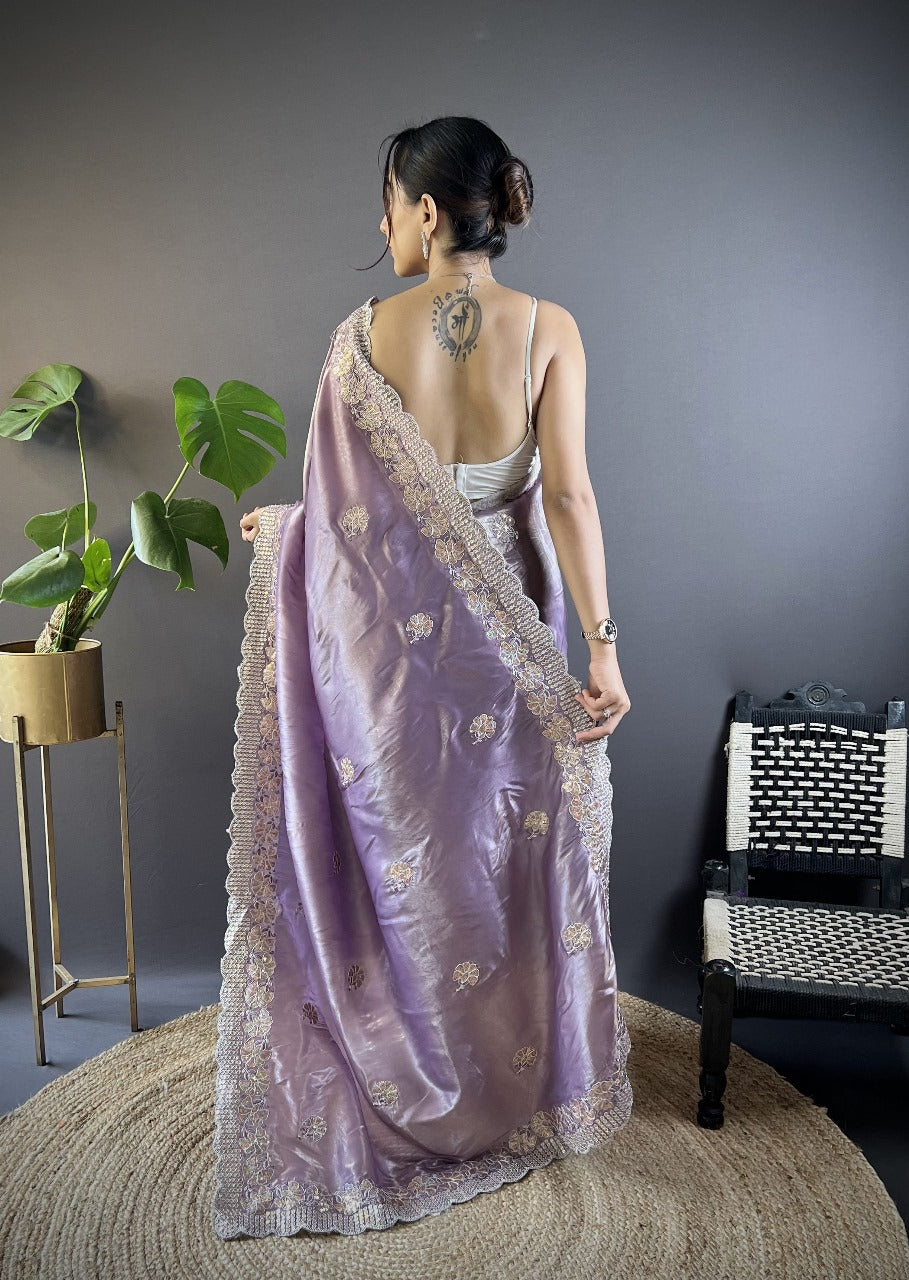 Lavender RV Pure Gold Crunchy Silk Saree with Sequin & Thread Embroidery Cutwork Border