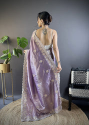 Lavender RV Pure Gold Crunchy Silk Saree with Sequin & Thread Embroidery Cutwork Border
