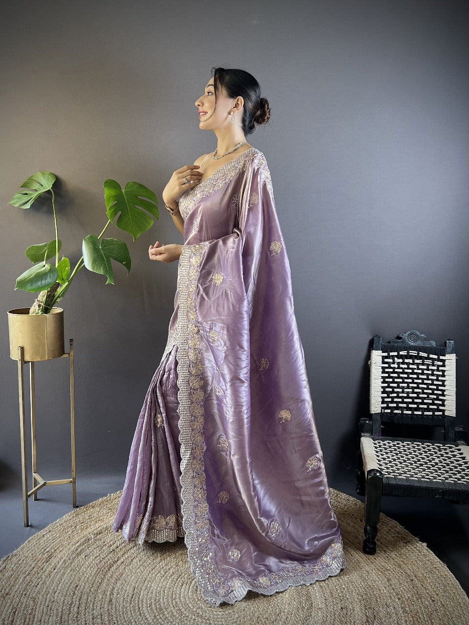 Lavender RV Pure Gold Crunchy Silk Saree with Sequin & Thread Embroidery Cutwork Border