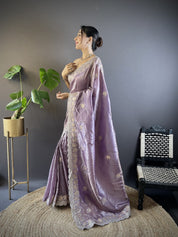 Lavender RV Pure Gold Crunchy Silk Saree with Sequin & Thread Embroidery Cutwork Border