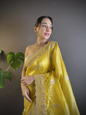 Yellow RV Pure Gold Crunchy Silk Saree with Sequin & Thread Embroidery Cutwork Border