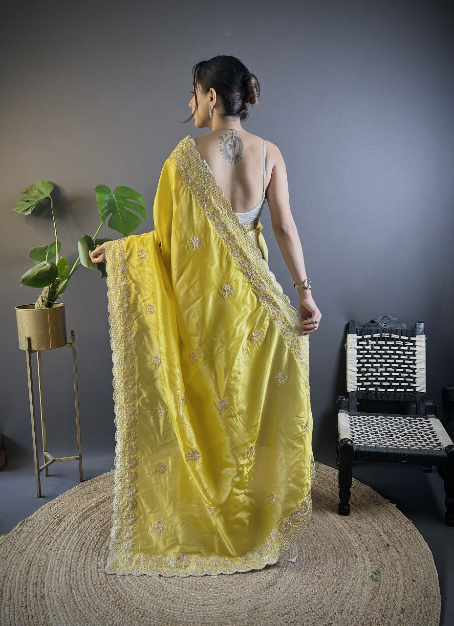 Yellow RV Pure Gold Crunchy Silk Saree with Sequin & Thread Embroidery Cutwork Border