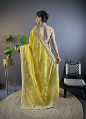 Yellow RV Pure Gold Crunchy Silk Saree with Sequin & Thread Embroidery Cutwork Border
