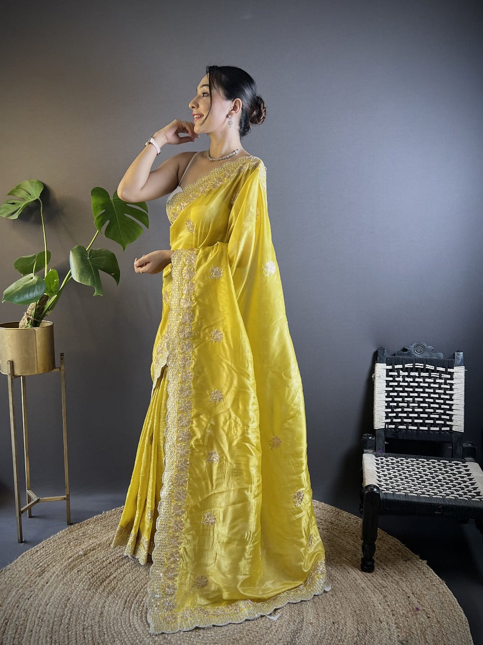 Yellow RV Pure Gold Crunchy Silk Saree with Sequin & Thread Embroidery Cutwork Border