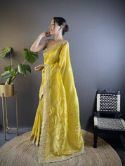 Yellow RV Pure Gold Crunchy Silk Saree with Sequin & Thread Embroidery Cutwork Border