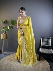 Yellow RV Pure Gold Crunchy Silk Saree with Sequin & Thread Embroidery Cutwork Border