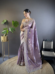 Lavender RV Pure Gold Crunchy Silk Saree with Sequin & Thread Embroidery Cutwork Border