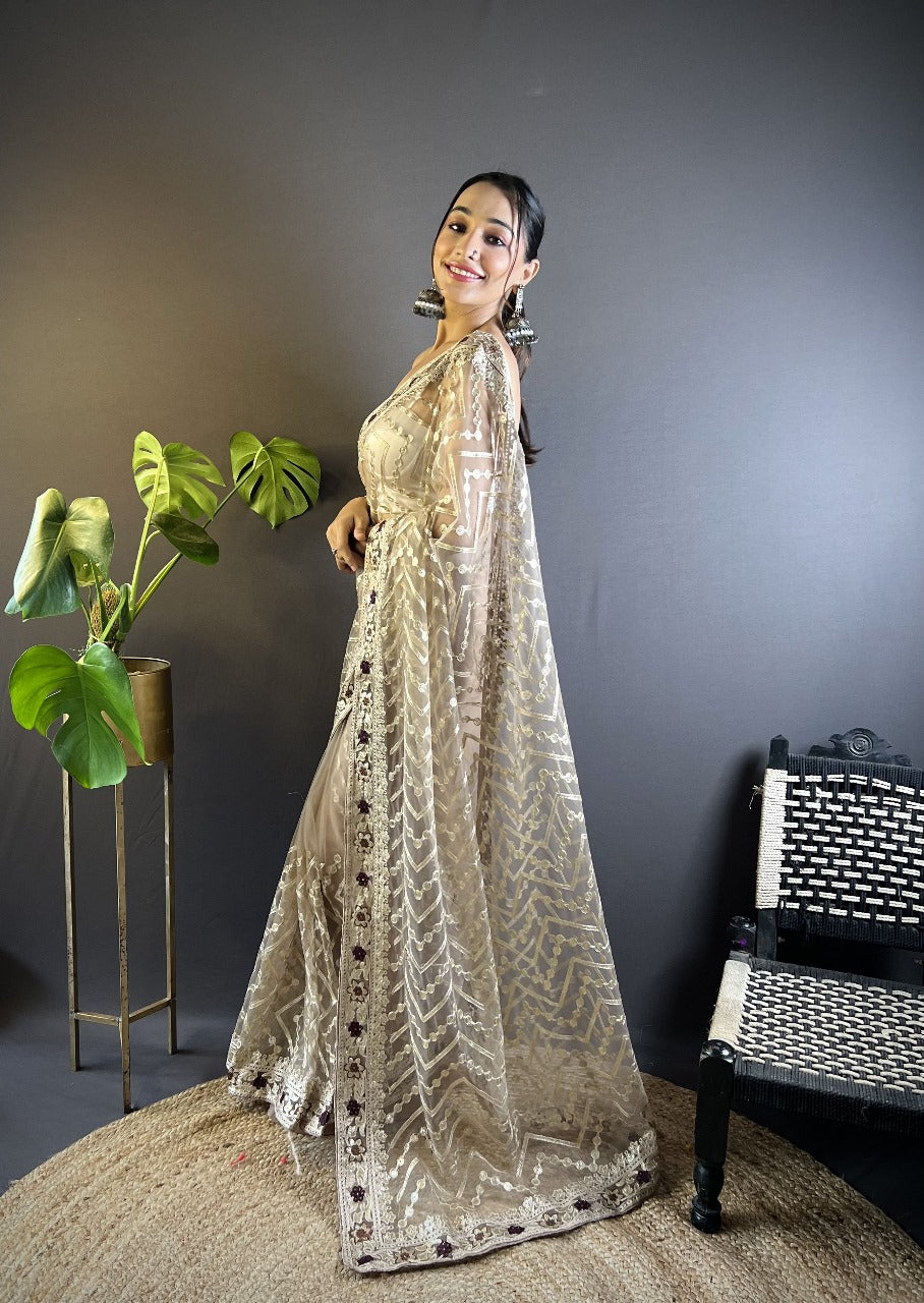 Grey RV Butterfly Net Embroidery Saree with Chain Stitch, Foil Thread & Stone Work