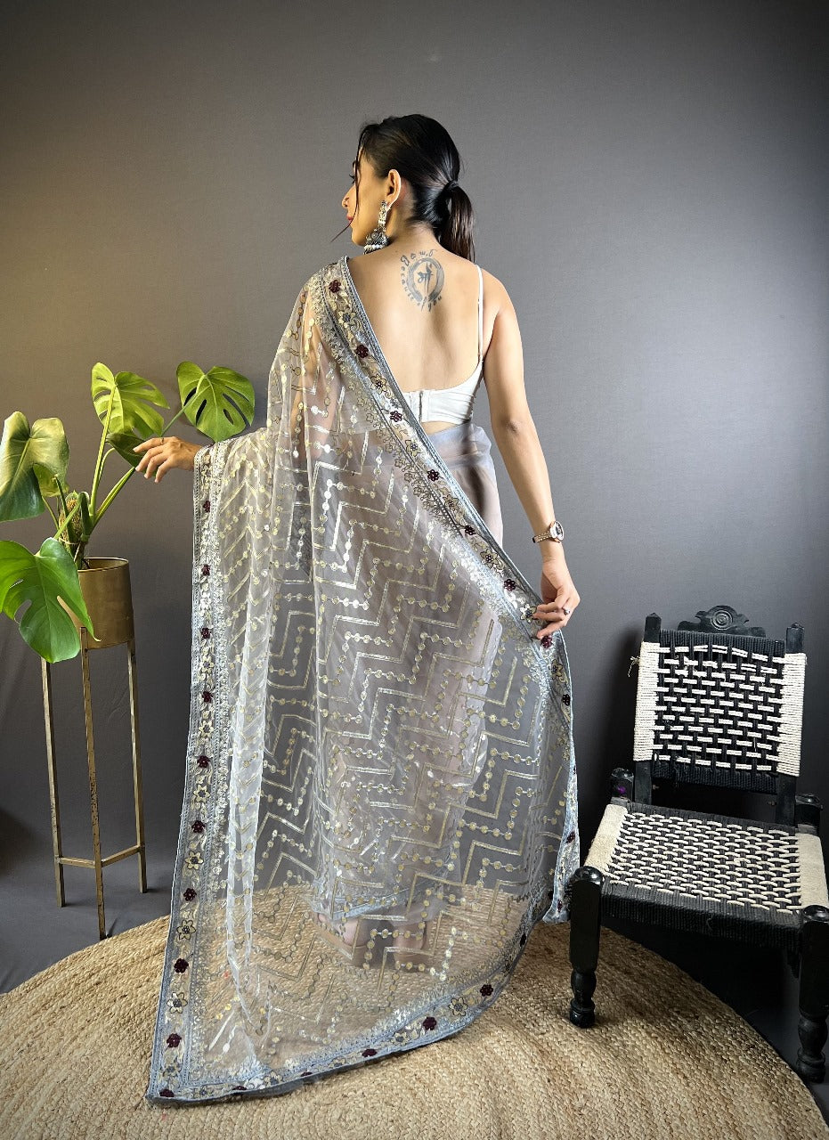 Grey RV Butterfly Net Embroidery Saree with Chain Stitch, Foil Thread & Stone Work