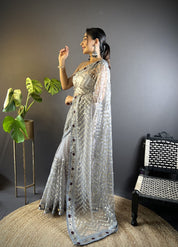 Grey RV Butterfly Net Embroidery Saree with Chain Stitch, Foil Thread & Stone Work
