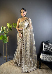 Grey RV Butterfly Net Embroidery Saree with Chain Stitch, Foil Thread & Stone Work