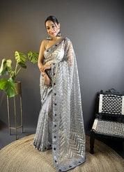 Grey RV Butterfly Net Embroidery Saree with Chain Stitch, Foil Thread & Stone Work