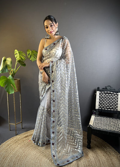 Grey RV Butterfly Net Embroidery Saree with Chain Stitch, Foil Thread & Stone Work