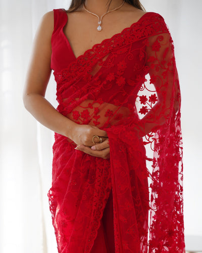Red RV Maharani Ethnic Butterfly Net Saree with Aari Embroidery & Stone Work