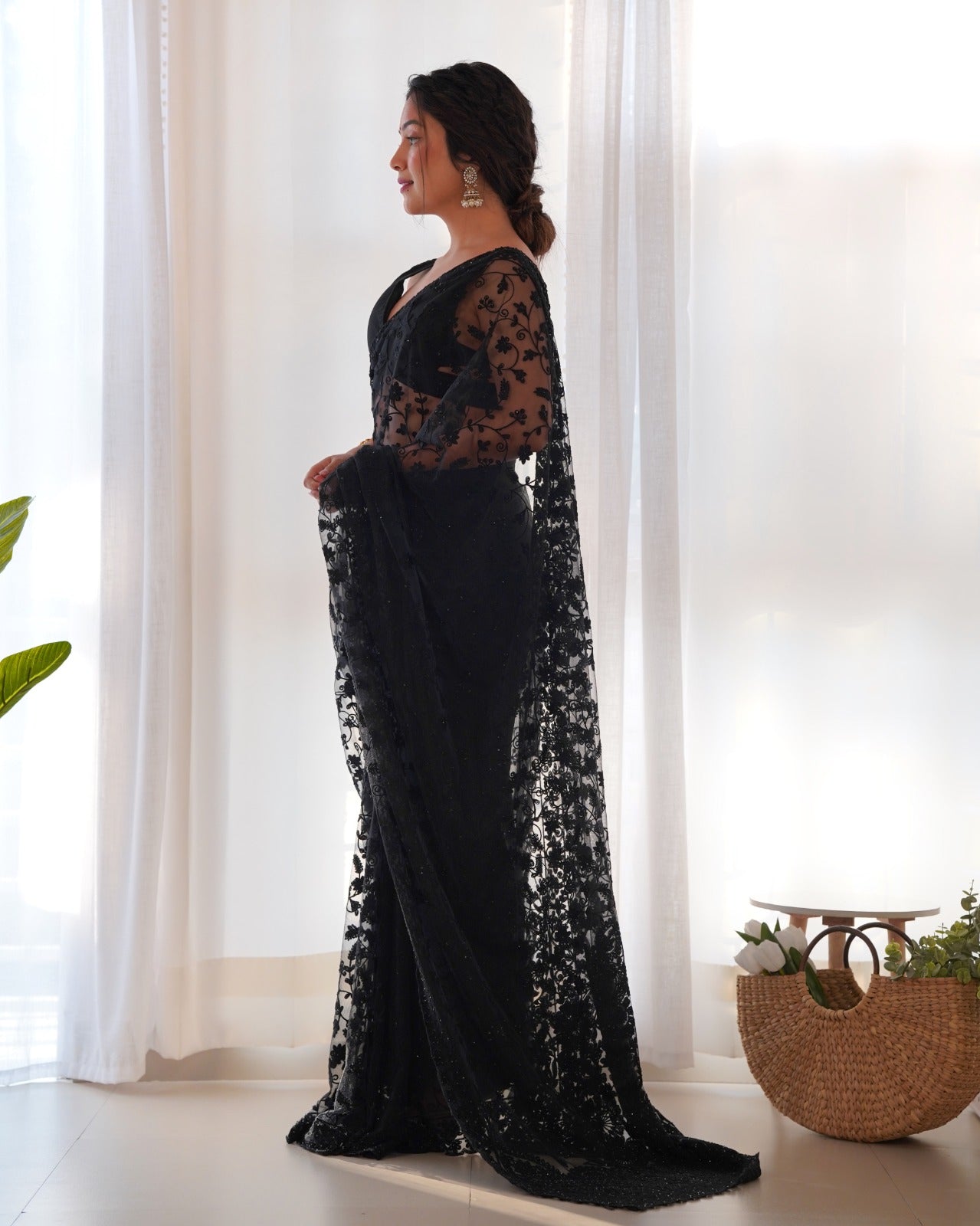 RV Maharani Ethnic Butterfly Net Saree with Aari Embroidery & Stone Work