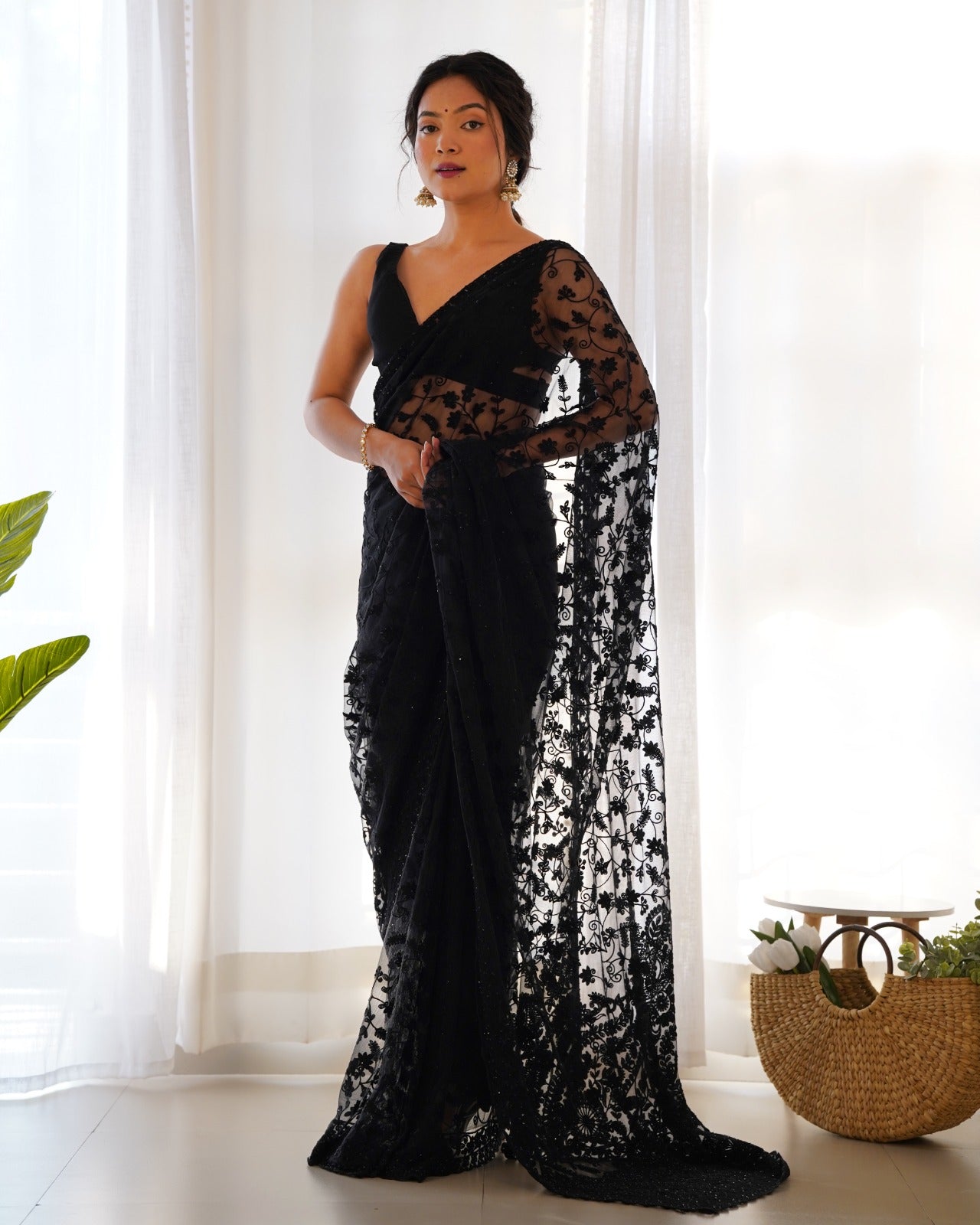 RV Maharani Ethnic Butterfly Net Saree with Aari Embroidery & Stone Work