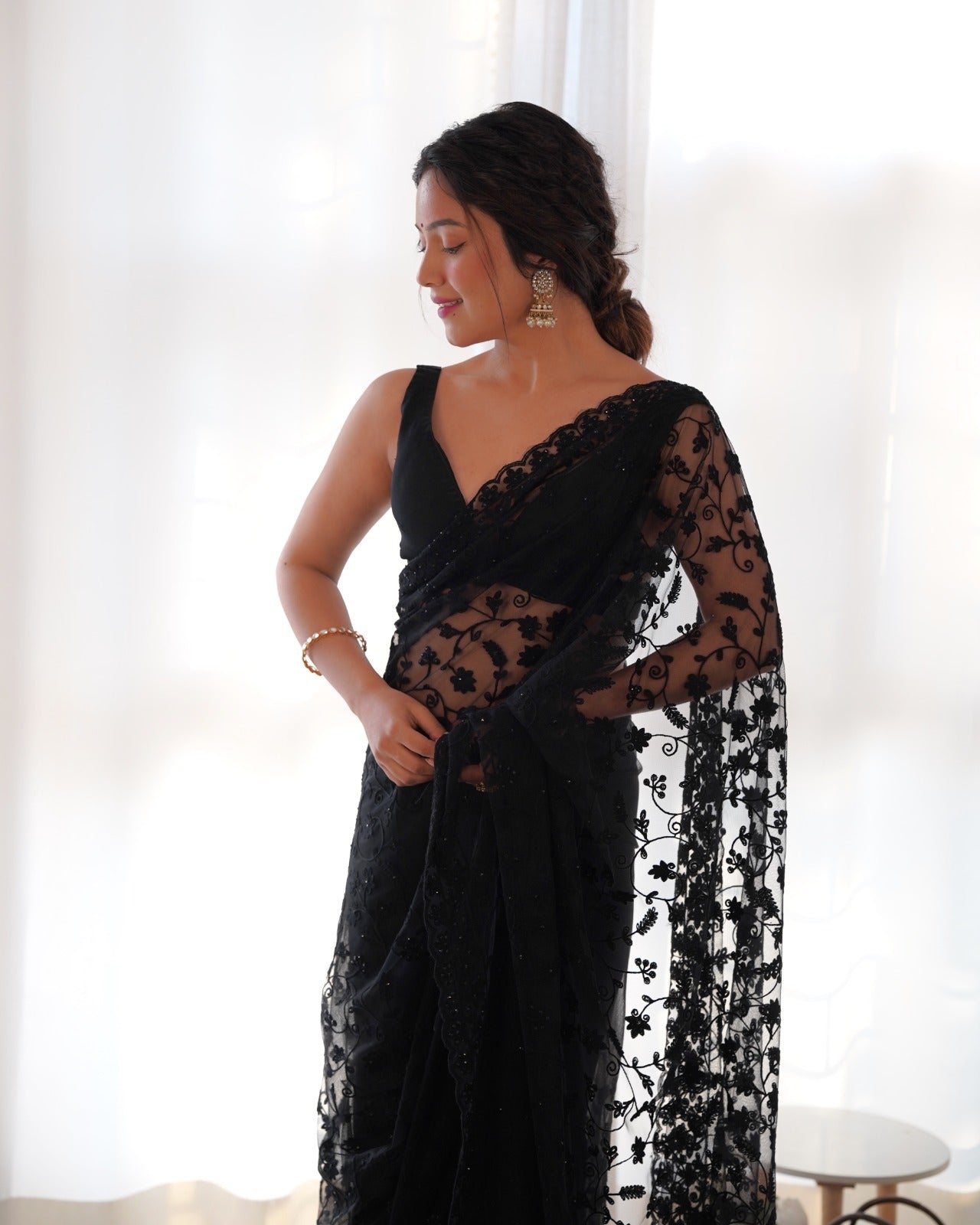 RV Maharani Ethnic Butterfly Net Saree with Aari Embroidery & Stone Work