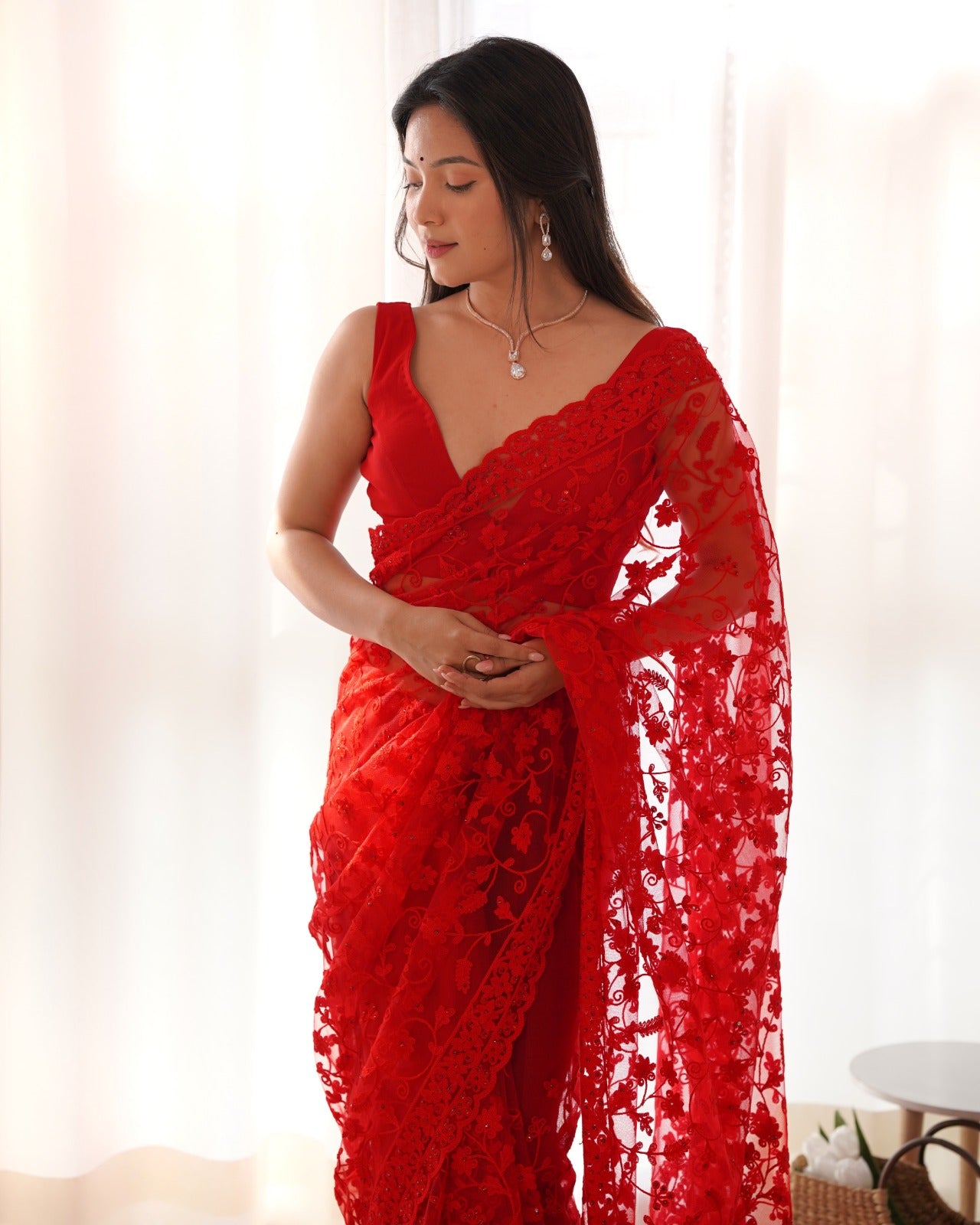 Red RV Maharani Ethnic Butterfly Net Saree with Aari Embroidery & Stone Work