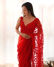Red RV Maharani Ethnic Butterfly Net Saree with Aari Embroidery & Stone Work