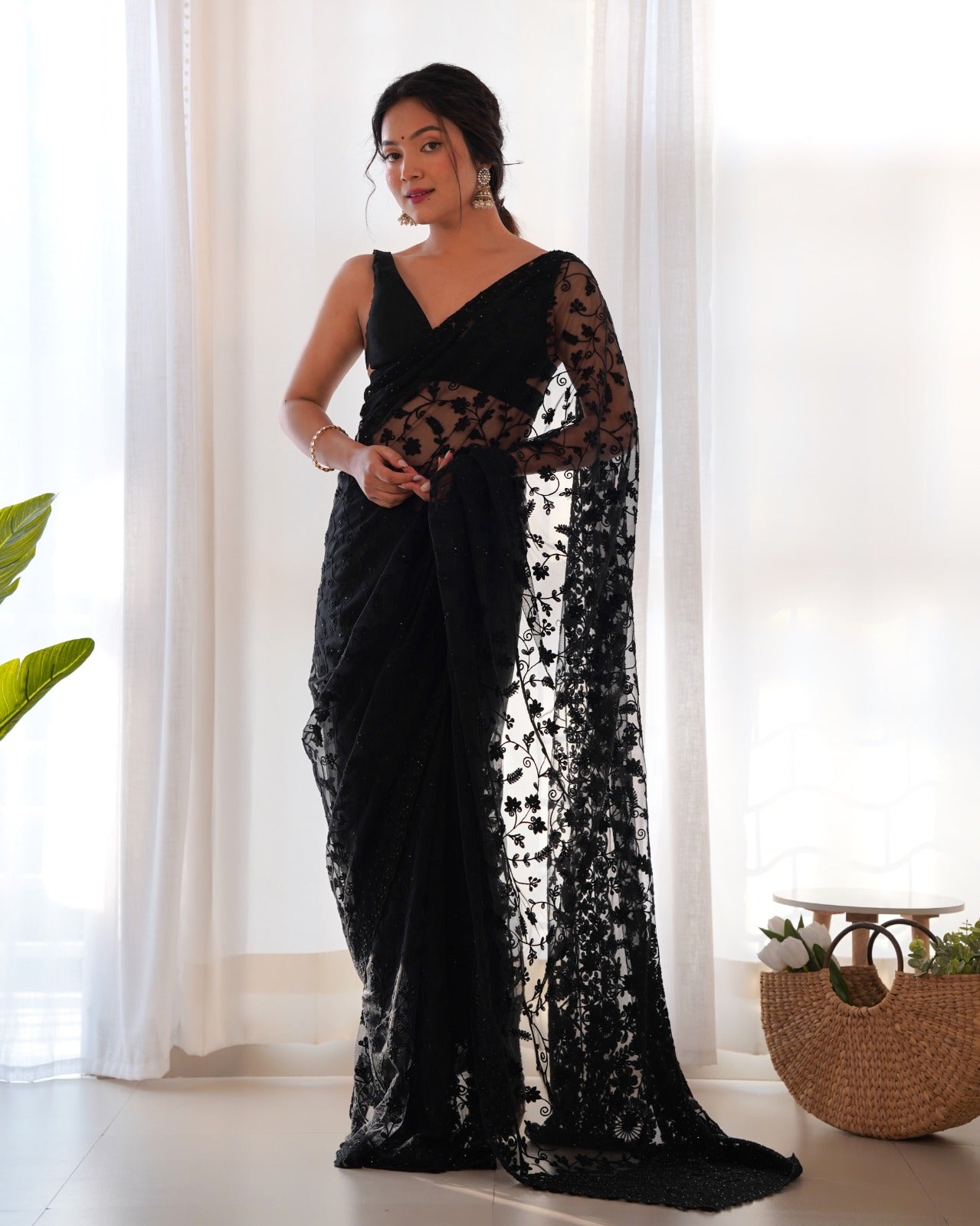 RV Maharani Ethnic Butterfly Net Saree with Aari Embroidery & Stone Work