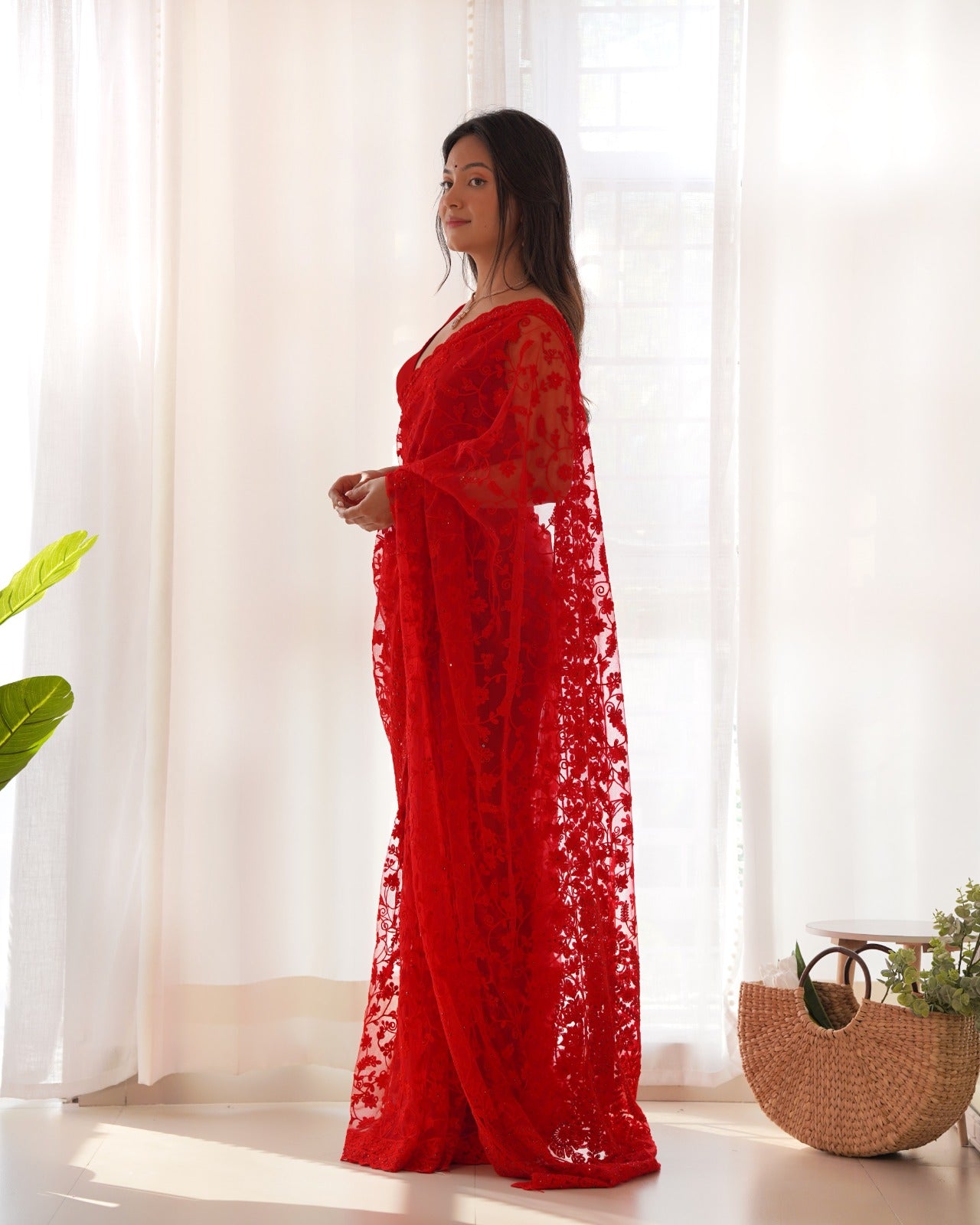Red RV Maharani Ethnic Butterfly Net Saree with Aari Embroidery & Stone Work