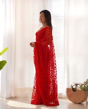 Red RV Maharani Ethnic Butterfly Net Saree with Aari Embroidery & Stone Work