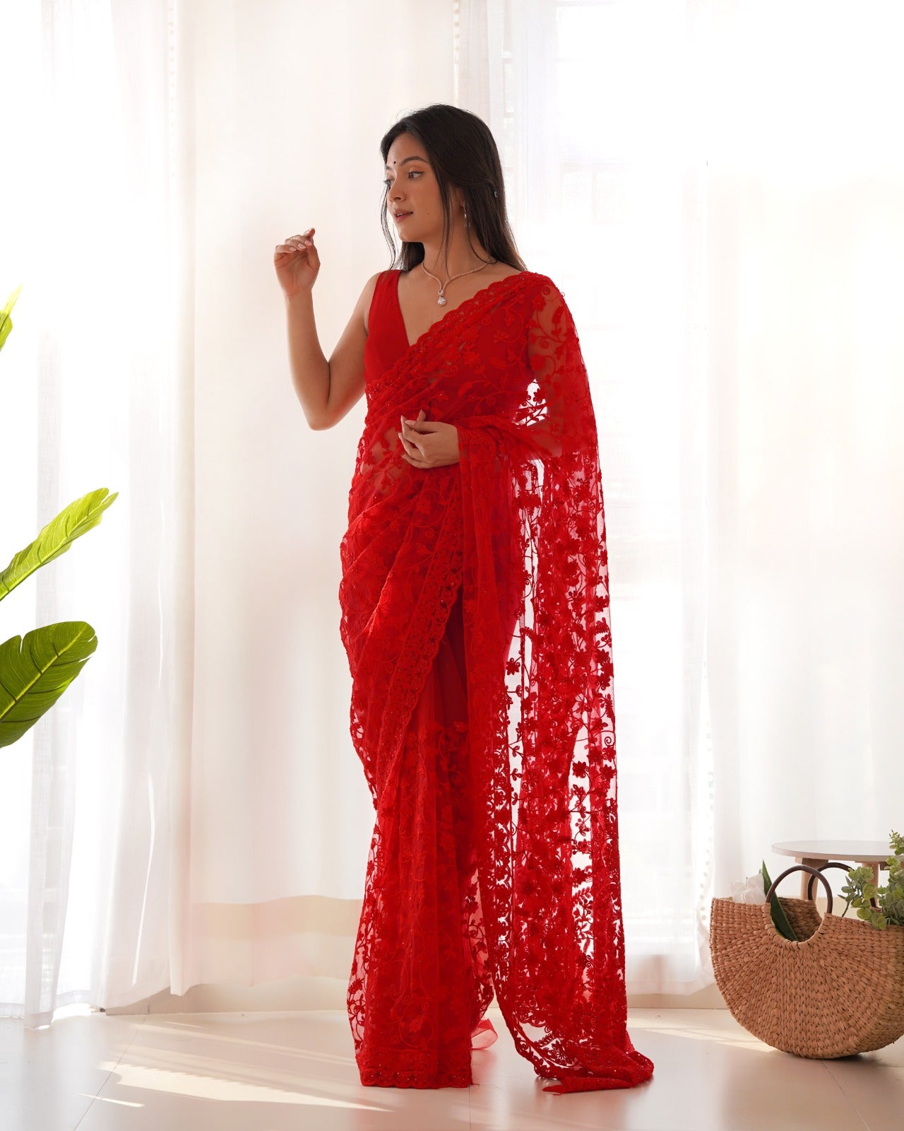 Red RV Maharani Ethnic Butterfly Net Saree with Aari Embroidery & Stone Work