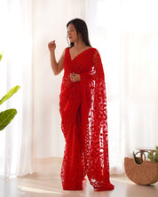Red RV Maharani Ethnic Butterfly Net Saree with Aari Embroidery & Stone Work