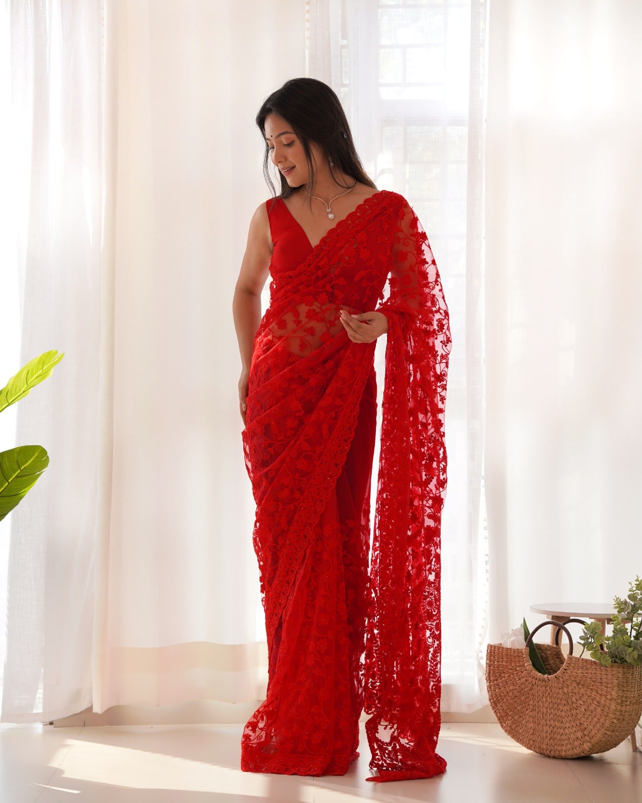 Red RV Maharani Ethnic Butterfly Net Saree with Aari Embroidery & Stone Work
