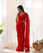 Red RV Maharani Ethnic Butterfly Net Saree with Aari Embroidery & Stone Work