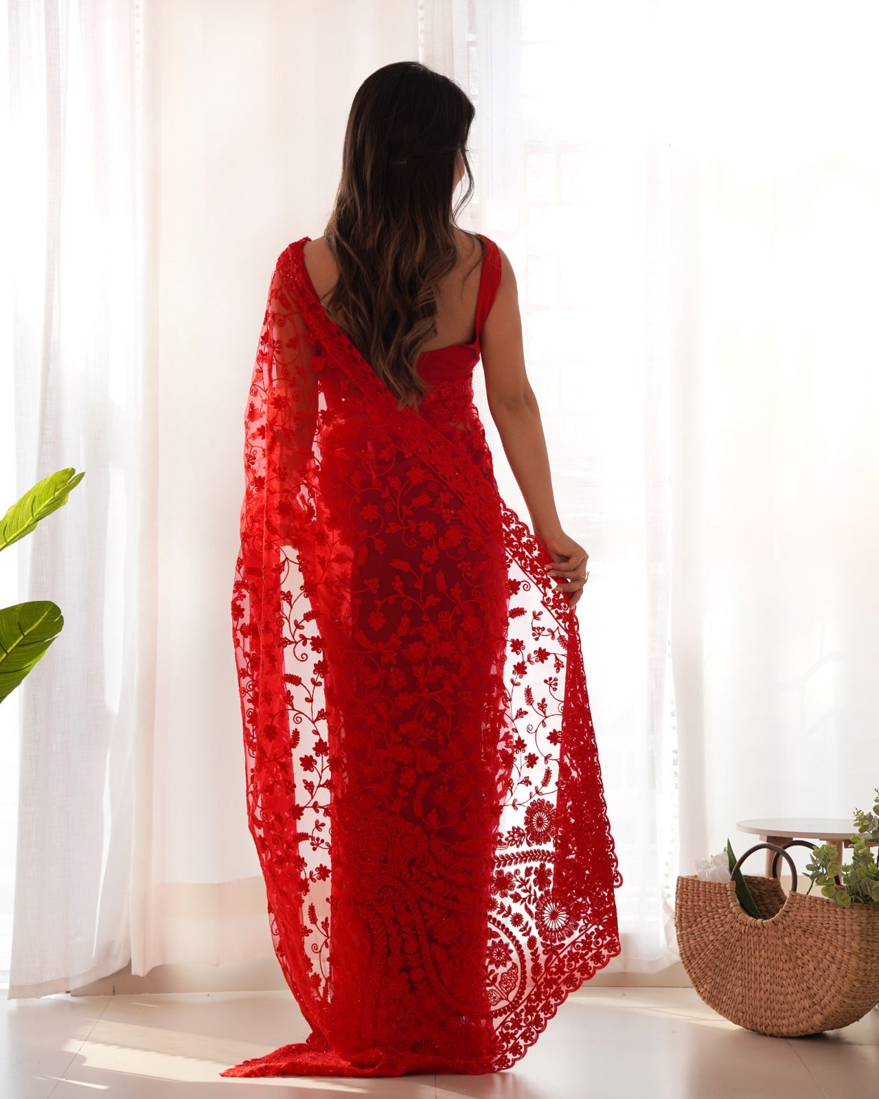 Red RV Maharani Ethnic Butterfly Net Saree with Aari Embroidery & Stone Work