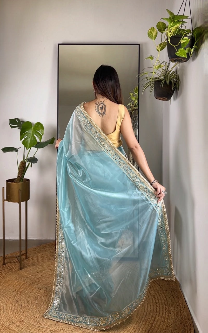 Sky Blue RV Pure Silver Tissue Silk Saree with Real Mirror Work & Moti Lace Border